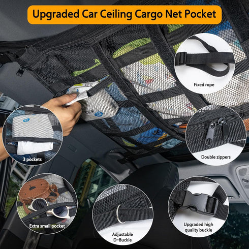 Car Ceiling Cargo Net with 3 Pockets,31.5"x21.6" Reduce Sagging Car Storage Mesh Organizer,Double Layer Roof Mesh Camping Overlanding Gear Must Ha...