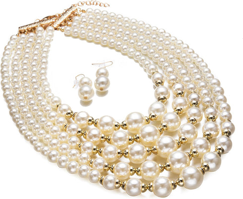 Women Elegant Pearl Jewelry Bead Cluster Collar Bib Choker Necklace and Earrings Set (Ivory)...