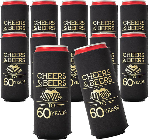 Cheers and Beers to 60 Years Can Coolers, Set of 12 - Black and Gold 60th Birthday Decorations and Party Favors for Men and Women - Cheers to 60 Y...