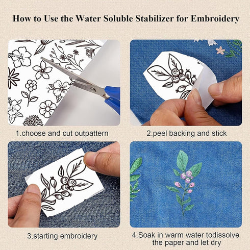 Tekalobr 50Pcs Water Soluble Sewing Stabilizers Embroidery Patterns Stick and Stitch Embroidery Paper Wash Away Stabilizers for Embroidery with Fl...