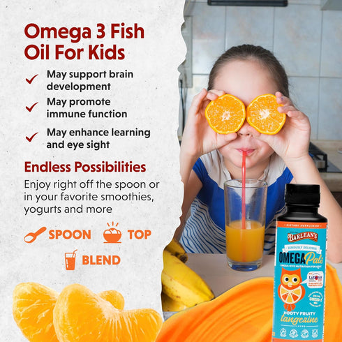 Barlean's Omega Pals Eye Health Liquid, Tangerine Flavored Omega 3 for Kids, Fish Oil Supplement with 500 mg of EPA & DHA Plus Lutein & Zeaxanthin...