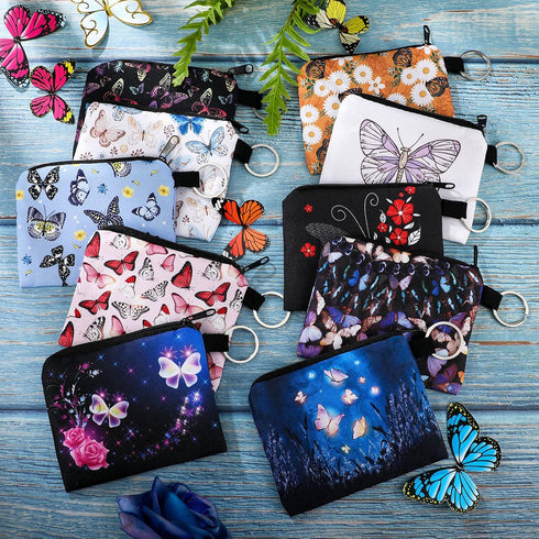 Boao 10 Pieces Small Coin Purse for Women Bulk Boho Change Purse Mini Pouches Wallet Coin Bag with Zipper for Women Girls (Butterfly and Flower, 4...