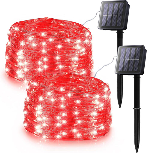 2 Pack 100 LED Solar Red String Lights,33ft Solar Halloween Lights Outdoor,8 Modes Waterproof Red Solar Fairy Lights for Christmas Tree Party Wedd...