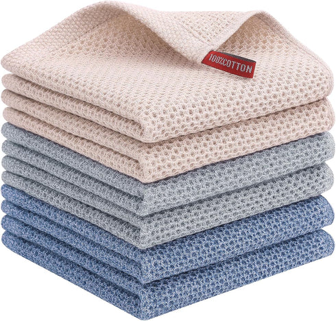 Cotton Kitchen Dish Cloths, 6 Pack Super Absorbent and No Lint Waffle Weave Dish Towels, Fast Drying Dish Rags for Washing Dishes, 12 x 12 Inch, M...