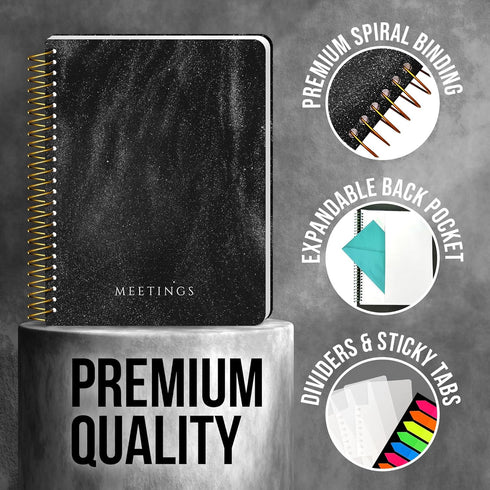 Meeting Notebook with Removable Dividers, Gold Spiral, Hard Cover, Action Items, Back Pocket, 120 Pages...