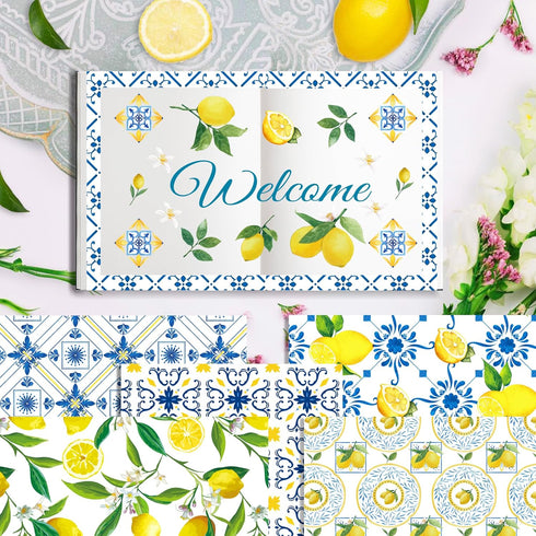24 Sheets Lemon Scrapbook Paper Pad Double-Sided Blue Tiles Yellow Lemon Patterned Decorative Craft Paper for Card Making Photo Album Journal DIY ...