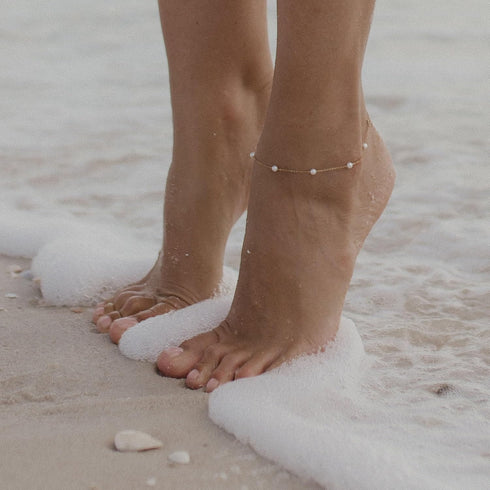 Ankle Bracelets for Women,Dainty Gold Anklet 14k Gold Plated Summer Pearl Anklets for Women Waterproof Non Tarnish Pearl Anklet Set Cute Beded Cha...
