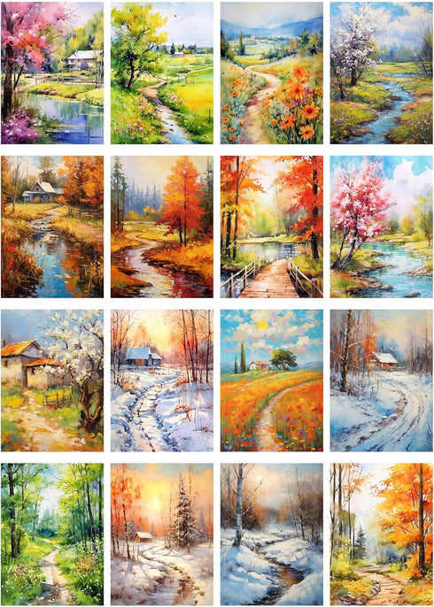 Decoupage Paper Pack (35 Sheets 6"x8") Bright Colourful Landscapes of Forests in Winter and Autumn FLONZ Vintage Illustration Pictures Cards for D...