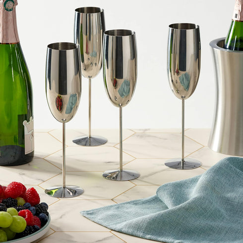 Oak & Steel - 4 Silver Stainless Steel Champagne Flutes with Gift Box, 284 ml - Elegant, Solid & Unbreakable - Outdoor Parties, Picnic, Beach & Po...