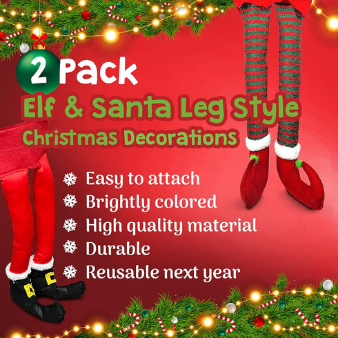 2 Pack Elf Christmas Decorations for Your Vehicle or Fireplace - Hanging Elf Legs for Car Perfect for Holiday Cheer. One Santa Legs and One Elf Le...