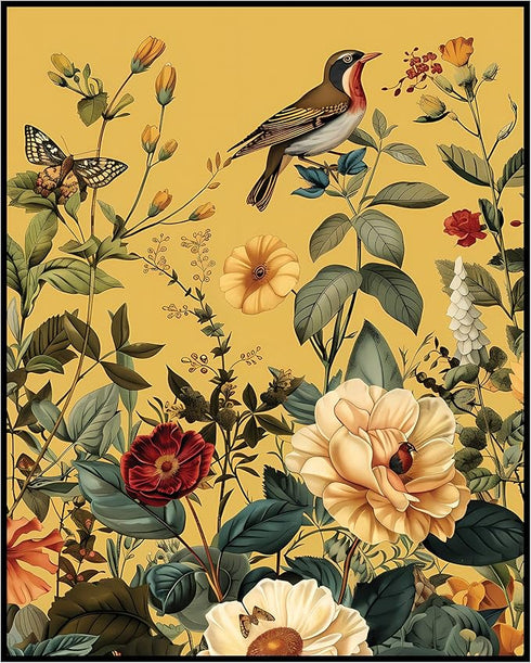 Posterizer 1 pcs-wild bright flowers with a bird and a butterfly-Floral & Botanical Art-Abstract & Modern Art-Decor for Home & Office- UNFRAMED Wa...