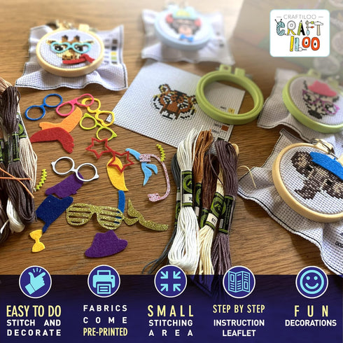 Safari Animals Cross Stitch Kits for Beginners. 5 Stamped Cross Stitch Kits for Kids.Needlepoint Kits for Beginners. Embroidery Kit for Kids. Cros...