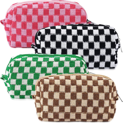 4Pcs Checkered Makeup Bag for Women Knitted Small Cosmetic Bag Travel Makeup Pouch for Purse Zipper Toiletry Organizer Cute Aesthetic Girls Makeup...