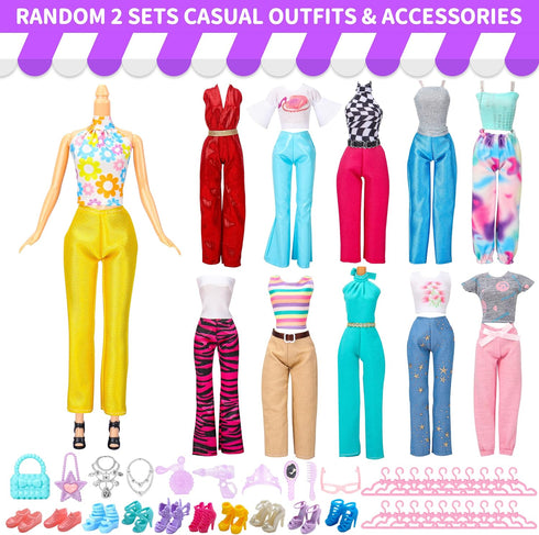 56 Pcs Doll Clothes and Accessories,2 Wedding Gowns 2 Evening Dresses 6 Fashion Dresses 4 Set Casual Outfit Top and Pant 2 Swimsuit,20 Hanger 10 S...