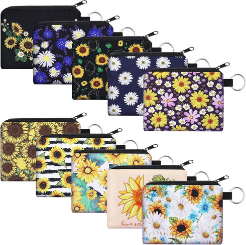 Boao 10 Pieces Small Coin Purse for Women Bulk Boho Change Purse Mini Pouches Wallet Coin Bag with Zipper for Women Girls (Sunflower Print, 4.52 x...