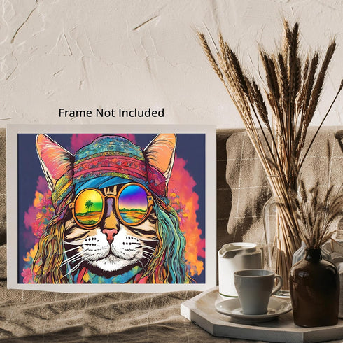 Posterizer 1 pcs- psychedelic funky hippie colorful cat 1-Abstract & Modern Art-Fantasy & Fiction Art- Living Room Bedroom Decor- unframed wall ar...