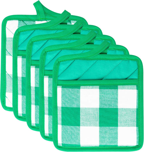 GROBRO7 5Pcs Cotton Buffalo Check Plaid Pocket Pot Holder Set Kitchen Heat Resistant Potholder Durable Cloth Potholders Bulk Green & White Oven Mi...