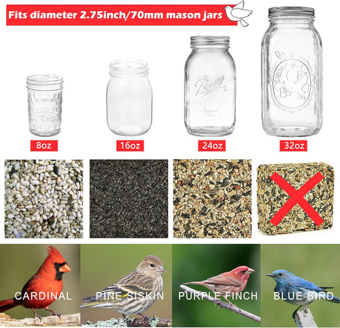 1 PCS | Birds Feeder for Outside Hanging | Wild Birds Feeders Suitable for Mason Jar (2.75 in Diameter-8/16/24/32oz) | Birds Feeders as Garden Gif...