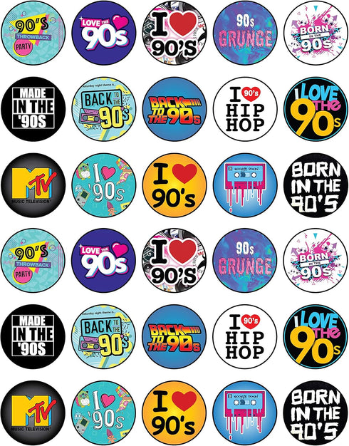 30 x Edible Cupcake Toppers Themed of 90s Party Collection of Edible Cake Decorations | Uncut Edible on Wafer Sheet...