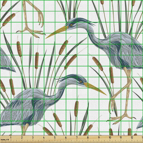 Lunarable Swamp Fabric by The Yard, Blue Grey Heron Birds and Bulrush Water Foliage Growth Wilderness Tropical Lands, Decorative Fabric for Uphols...