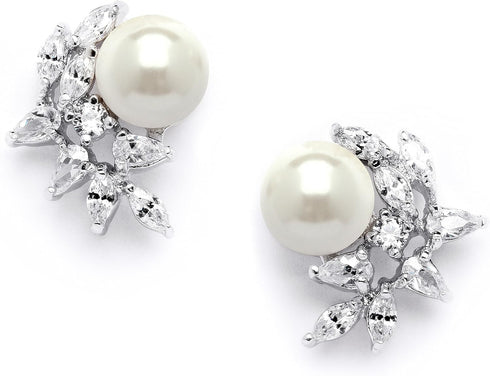 Silver Mariell Pearl and Marquise Cut CZ Crystal Wedding Earrings for Brides, Bridesmaids & Mother of the Bride...