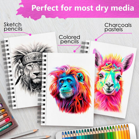 Artisto 5.5X8.5” Premium Sketch Book Set, Pack of 3 (300 Sheets), 68lb (100gsm), Spiral Bound, Acid-Free Drawing Paper, Perfect for Most Dry Media...