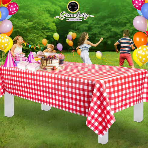Grandipity 12 Pack Premium Disposable Plastic Picnic Tablecloth 54 Inch. x 108 Inch. Decorative Rectangle Table Cover - Red Checkered Gingham...