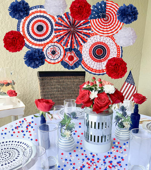 29PCS 4th/Fourth of July Patriotic Decorations Set - Red White Blue Paper Fans,USA Flag Pennant,Star Streamer,Pom Poms,Hanging Swirls Party Decor ...