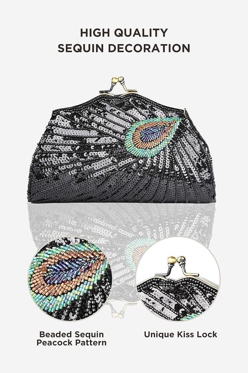 BABEYOND 1920s Flapper Peacock Clutch - Gatsby Sequined Evening Handbag Beaded Bag for Prom Cocktail Party...