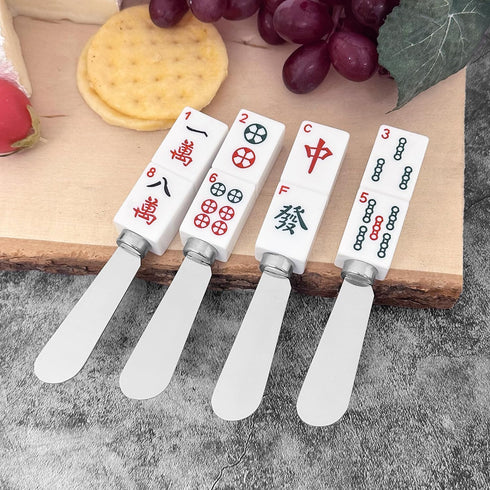 Mahjong Tile Cheese Spreaders, Hand-Painted Resin Handles with Stainless Steel Blades for Spreading Cream Cheese, Butter, and Jam, Assorted Design...