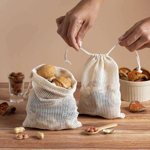 PALTERWEAR 100 Percent Natural Cotton Double Drawstring Mesh Bag For Herbs, Nuts, Spices (5 x 7 Inch - Set of 5)...