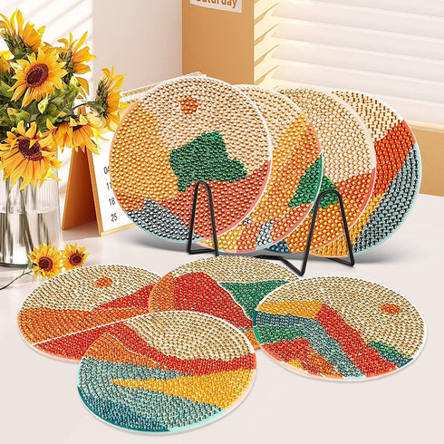 8 Pcs Diamond Painting Coasters Adults Kits with Holder,Sunset Mountain Landscape Diamond Painting Coasters Abstract Drinks Coasters Craft Supplie...