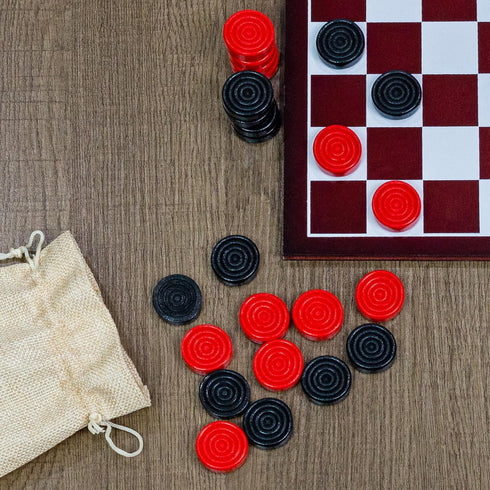 Black & Red Carved Stackable Wooden Checkers (24 Pieces); with Drawstring Cloth Storage Bag...