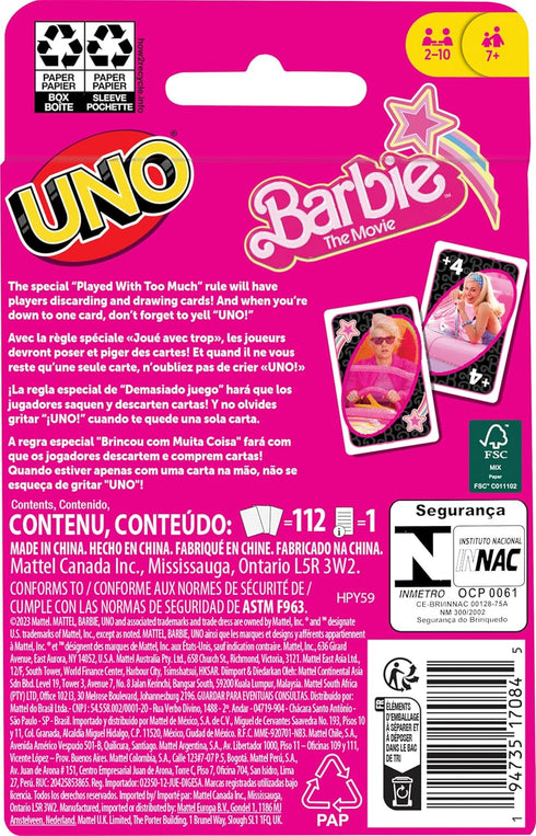 Mattel Games UNO Barbie The Movie Card Game for Kids & Adults Featuring Characters from The Movie & Special Rule, 2 to 10 Players...