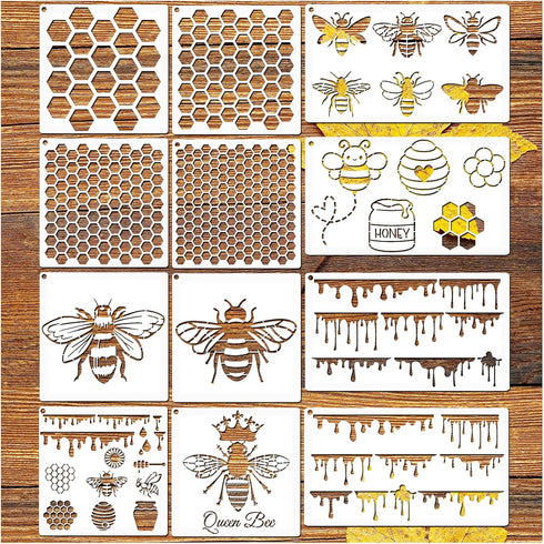 12 Pieces Bee Honeycomb Stencil, Reusable Bee Stencils for Painting on Wood Signs Furniture DIY Crafts Wall Canvas Fabric Plastic Drawing Template...