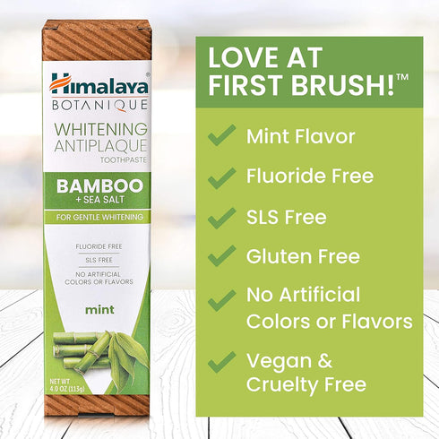 Himalaya Botanique Whitening Antiplaque Toothpaste with Bamboo + Sea Salt, Fluoride Free, for Gentle Whitening, 4 oz...