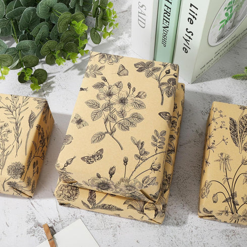 AnyDesign 12 Sheets Floral Kraft Wrapping Paper Spring Flower Butterfly Gift Wrap Paper Bulk Folded Flat 4 Designs Brown DIY Craft Art Paper for P...