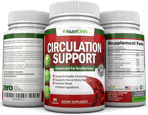 Blood Circulation Support - All Herbal Supplement For Healthy Blood Flow, Arteries & Veins - Promotes Leg Comfort - With Hawthorn, Niacin, L-Argin...