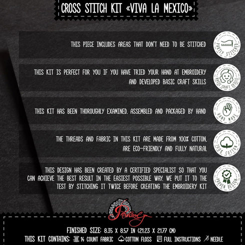 Povitrulya Counted Cross Stitch Kit for Adults “Viva la Mexico” - Day of The Dead, Día de los Muertos, Halloween, Mexican, Latino Hand Embroidery ...