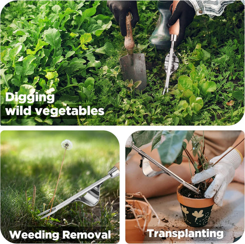 WORKPRO Weed Puller Tool, Metal Leverage Base and V-Shaped Forks for Easy Weed Removal & Deeper Root Digging, Heavy Duty Stainless Steel with Wood...