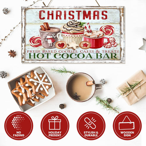 Christmas Hot Cocoa Bar Decor Hanging Wood Wall Sign - Wall Hanging House Decor w/Christmas Wall Art Design - Home Decor Art Accessories - Twisted...