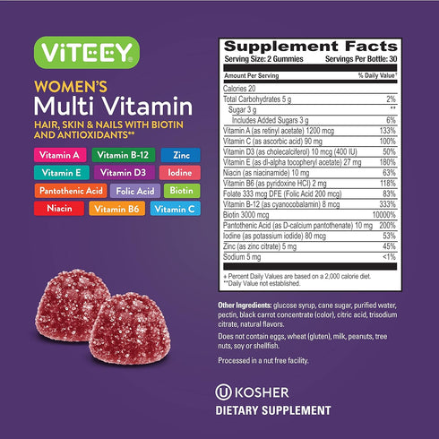 Womens Multivitamin Gummies - Immune Support - 12 in 1 Essential Daily Vitamins & Minerals - Vitamin A, C, D3, E, B6, B12, Folic Acid, Biotin, Cal...