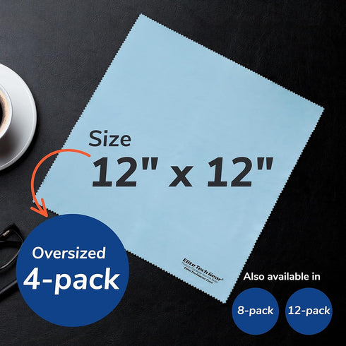 Elite Tech Gear 4-Pack Microfiber Cloth Set - 12"x12" Oversized Washable & Durable Wipes for Glasses, Lenses, Electronics & Screens - Glasses Clea...