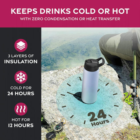 FineDine Triple Walled, Insulated Water Bottles with Straw - 25 Oz Stainless Steel Metal Bottle W/ 3 Leak Proof Lids - For Travel, School, Sports,...
