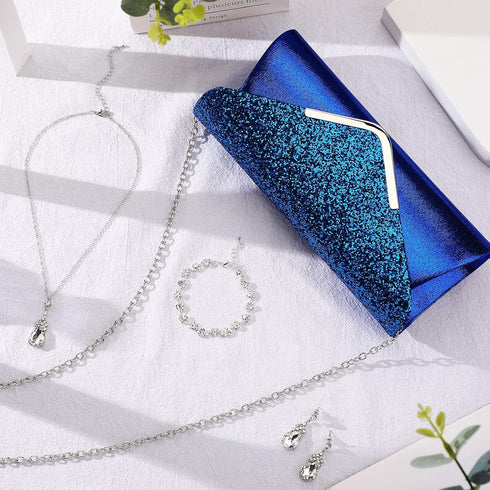 Jadive 4 Pcs Clutch Purses Bag for Women Evening Rhinestone Jewelry Set Bling Necklace Earrings Bracelet for Prom...