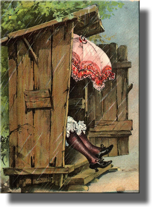 A Woman with Umbrella in Ladies Outhouse Toilet Bathroom Picture Made on Stretched Canvas, Wall Art Decor Ready to Hang!....
