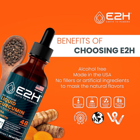 E2H Liquid Turmeric Curcumin for Better Absortion - Natural Joint Support - Turmeric Root Extract with Black Pepper Seed - Boost Your Health - Veg...