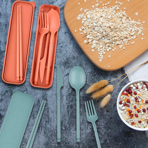 Travel Utensils with Case, Camping Utensil Set Rrusable Utensils Set with Case, Plastic Cutlery Set Forks Spoon Tableware, Portable Camping Cutler...