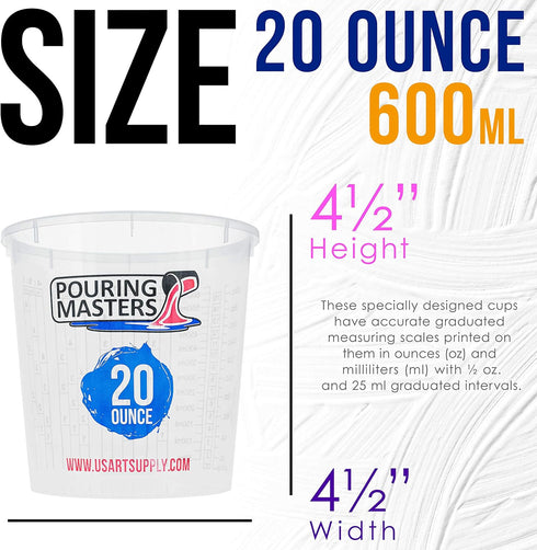 20 Ounce (600ml) Graduated Plastic Mixing Cups (Box of 12) - Paint Mixing Cups for Epoxy Resin, Art, Kitchen, Baking - Measurements in OZ and ML, ...