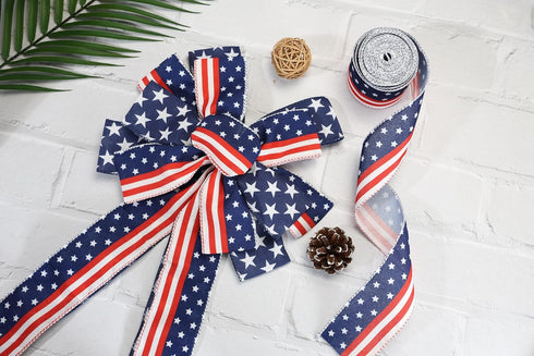 4th of July Ribbon Wired Red White and Blue Ribbon American Flag Ribbon 2.5 Inch Patriotic Ribbon for Independence Day Craft Sewing Gift Wrapping...